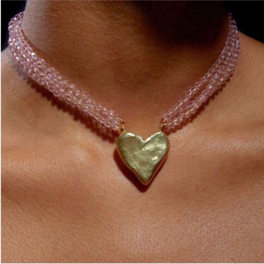 New! Blush Beaded Gold Heart Pendant Necklace (1045)